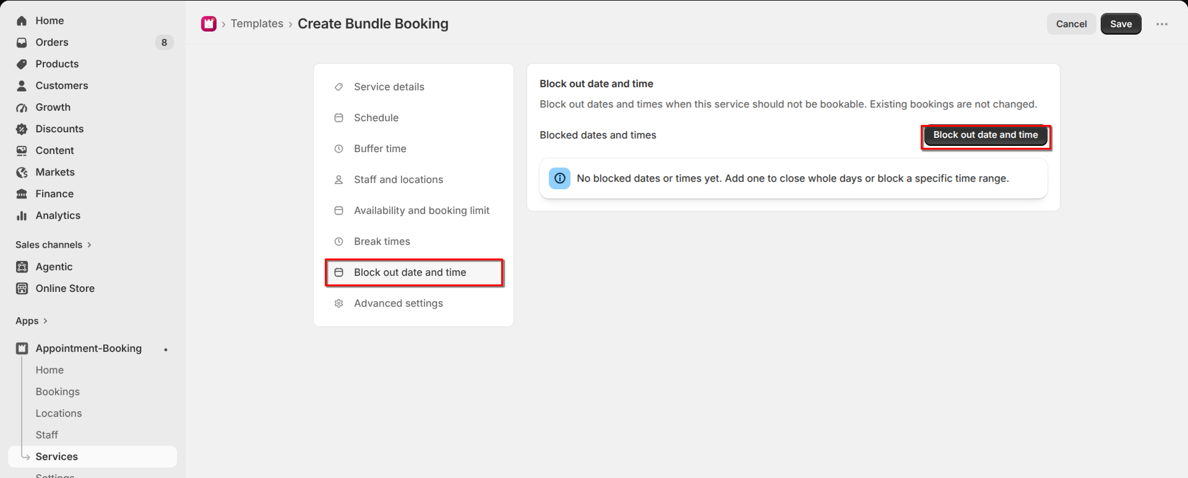 Block out date and time section with no blocked dates yet and the "Block out date and time" button highlighted